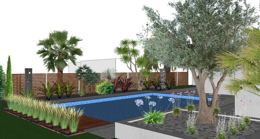 Rendu 3D SketchUp d’un projet de jardin avec piscine, réalisé par Aux Jardins d’Elisa