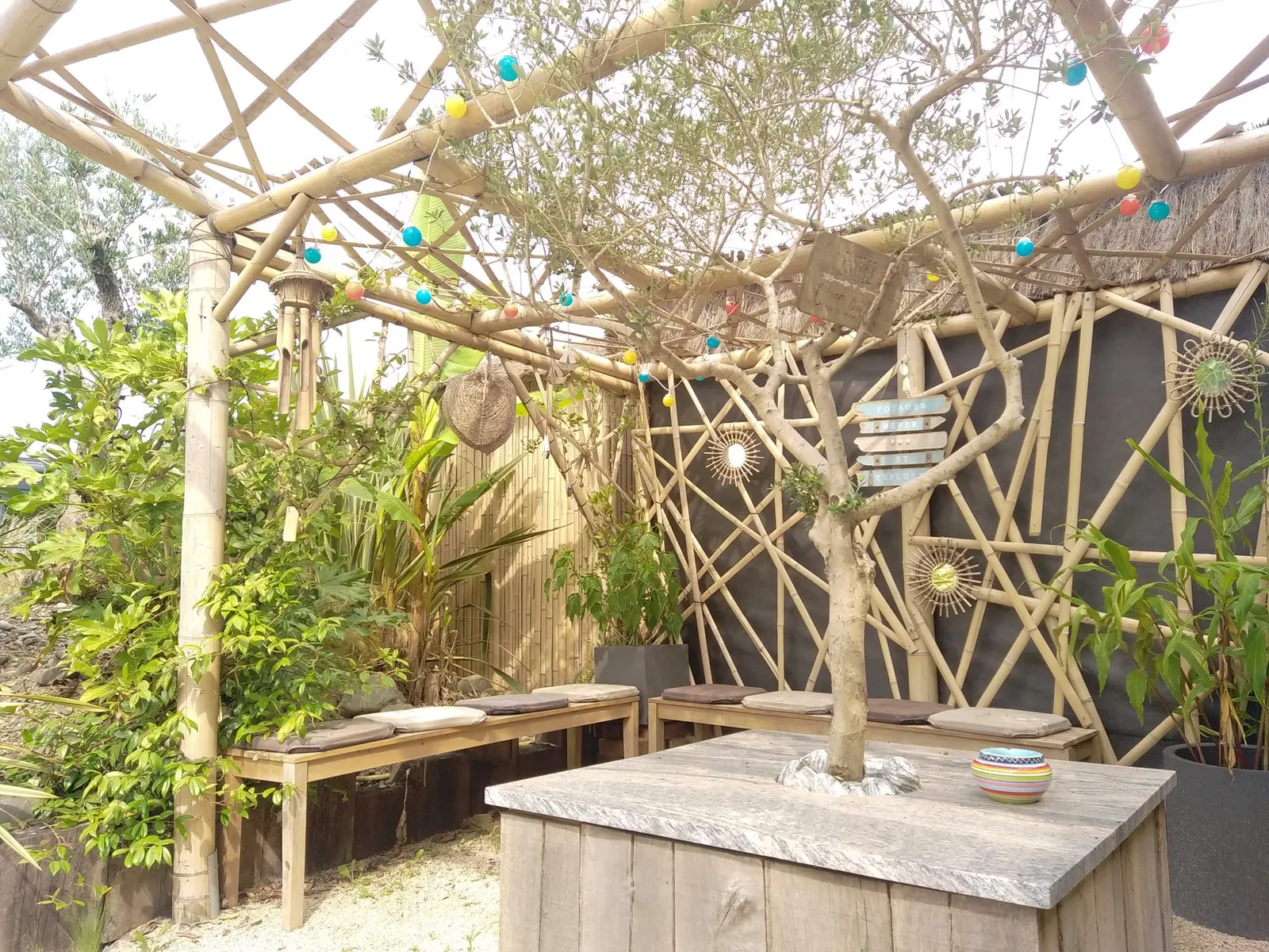 Pergola en bambou habillée de plantes grimpantes, photo Aux Jardins d’Elisa